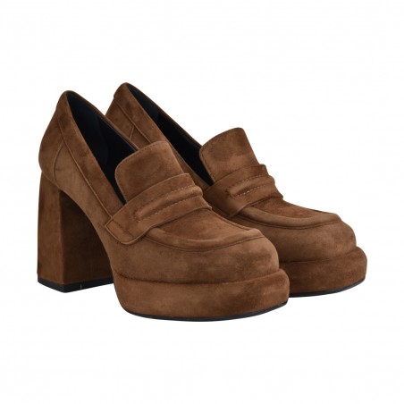 MOCASSINO CON TACCO IN CAMOSCIO POESIE VENEZIANE MCA22 MARRONE