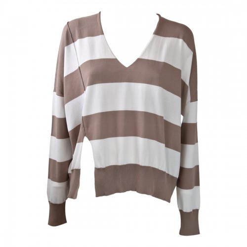 MAGLIA V M/L RIGHE SO ALLURE R4028 CAPPUCCINO