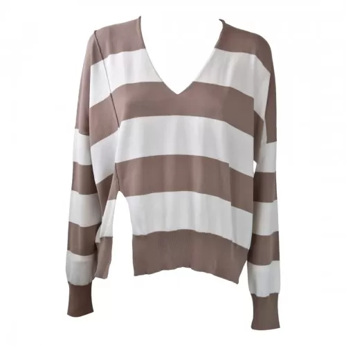 MAGLIA V M/L RIGHE SO ALLURE R4028 CAPPUCCINO