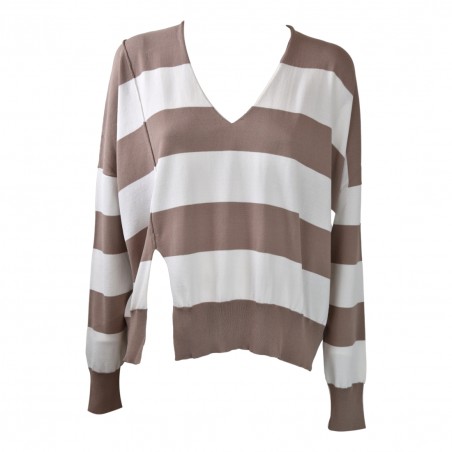 MAGLIA V M/L RIGHE SO ALLURE R4028 CAPPUCCINO