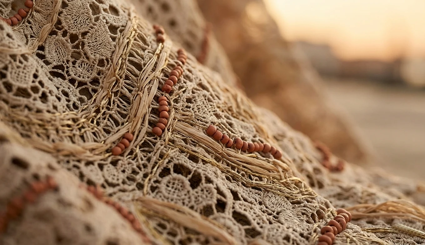 Dettaglio Macro Tattile Boho-Chic Luxury PE 2026 - Lavorazione Organica in Raffia e Pizzo